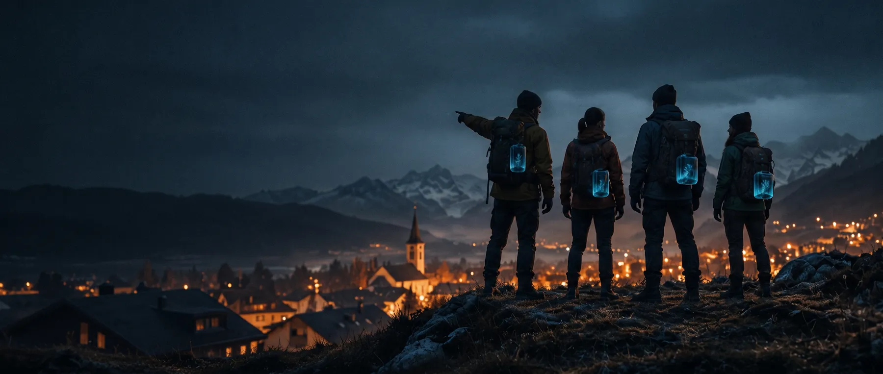 Four Canaries on a ridge at night, their capsules glowing cold blue, a town glowing ember below